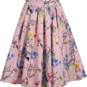 Retro Swing Full Pleated Skirt Asian Floral Pink Blue Med NWT